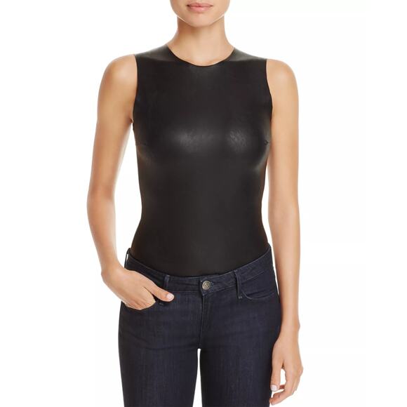 Commando Faux Leather Round Neck Sleeveless Bodysuit Black Small - Picture 1 of 4